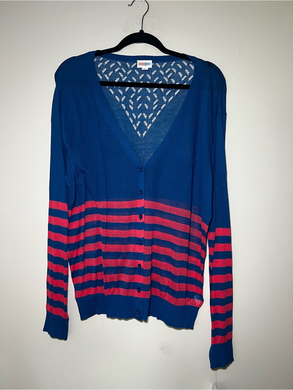 LuLaRoe Cheryl Blue and Pink Striped Button-Up Cardigan